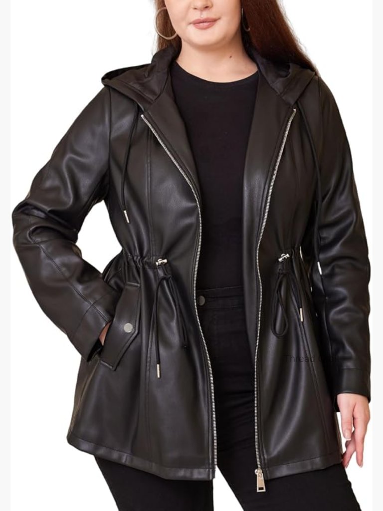 Plus Size Faux Leather Moto Biker Jacket With Hood